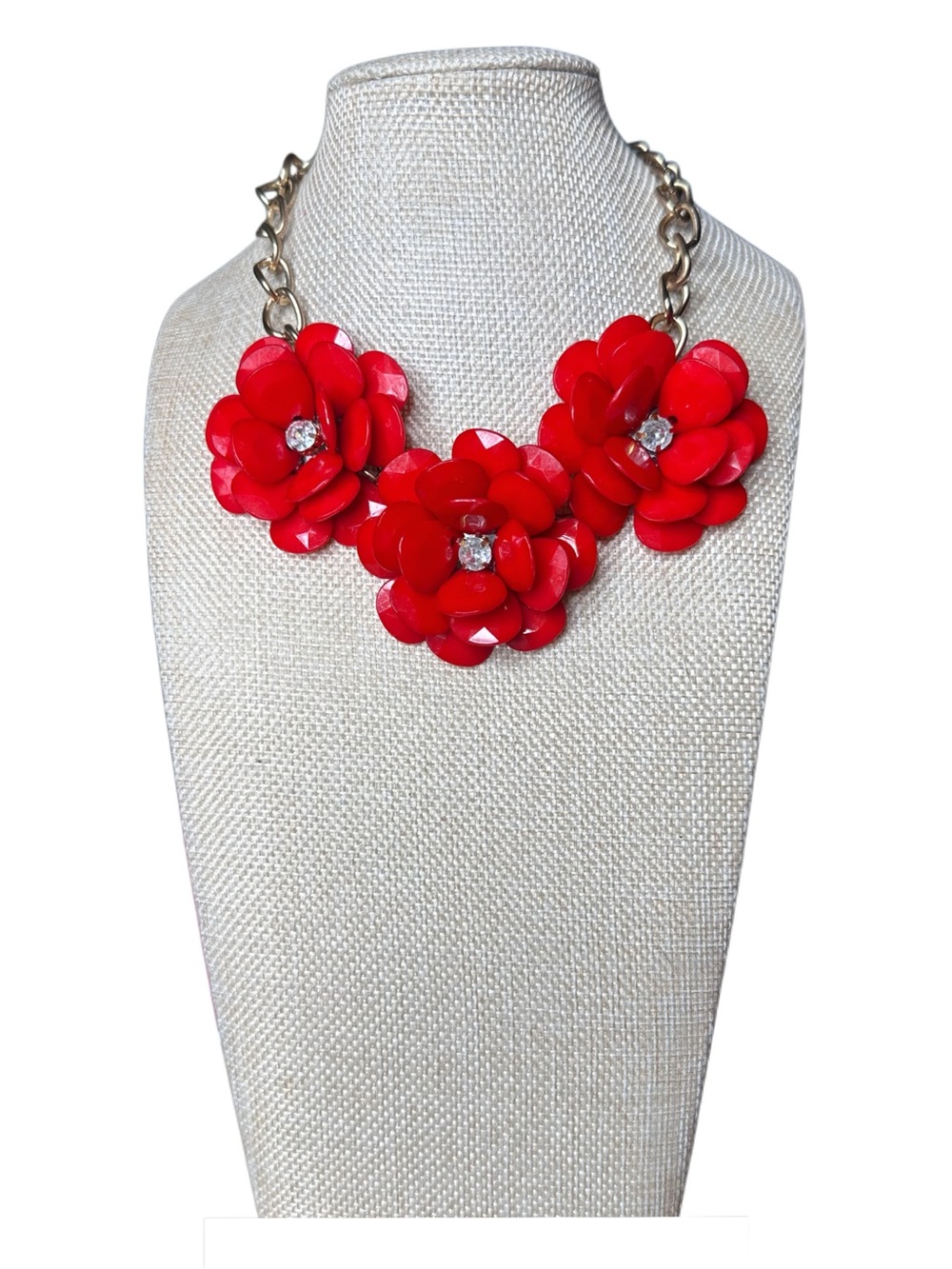 Red Floral Statement Necklace - Bold Acrylic Flower Bib Necklace